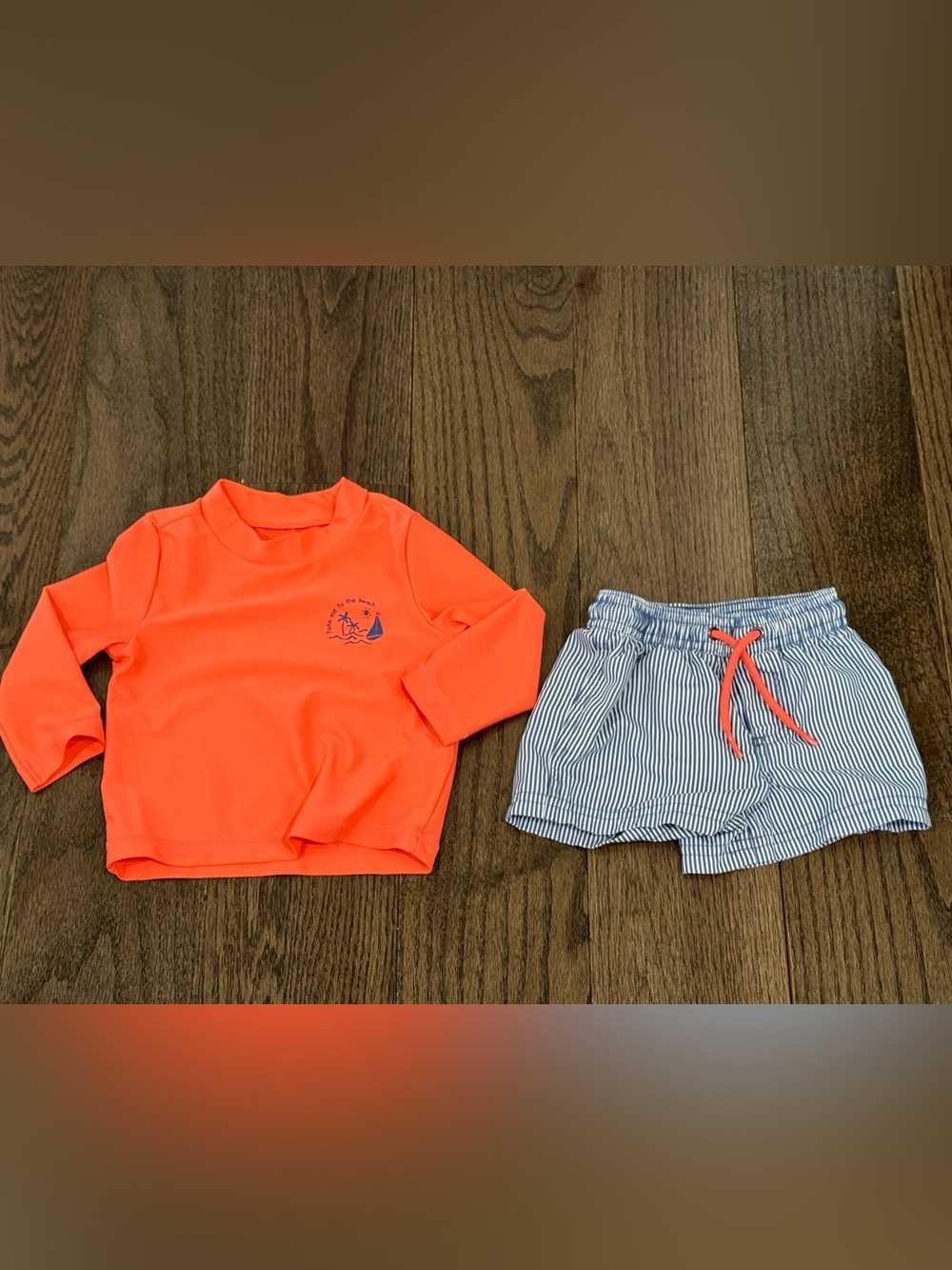 Carter's Baby Boy swim set: Neon Orange Kids Rashguard with Blue Sail Accent